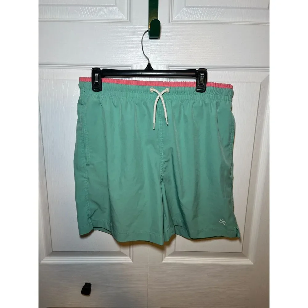 Sol Bourne Mens Swim Trunks Medium Green Pink Elastic Waist Beach Shorts